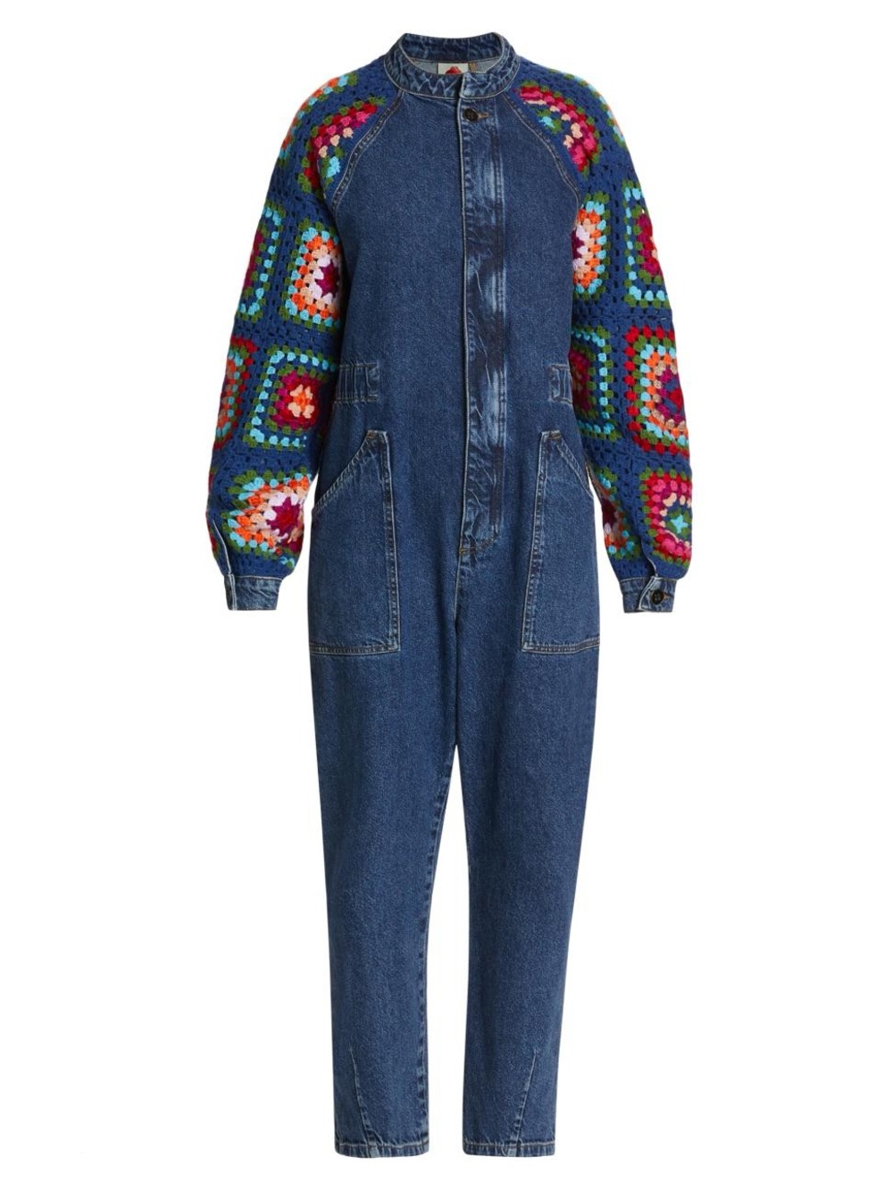 BNWT RARE Farm Rio Patchwork Crochet Denim Jumpsuit - Size XL - Boho Festival